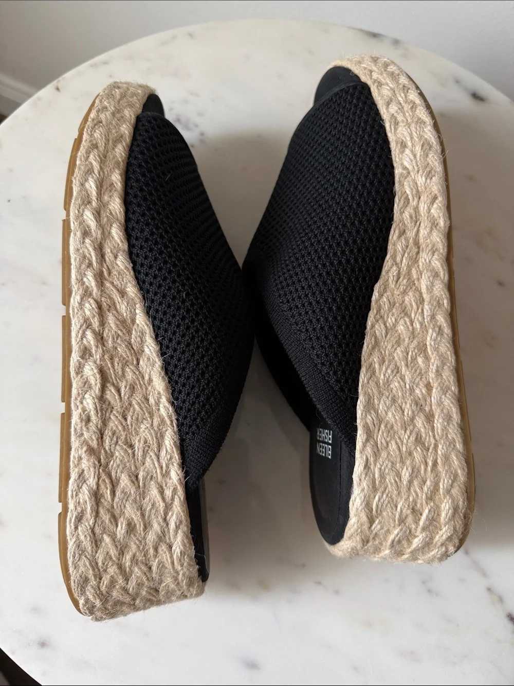 Eileen Fisher Black Mesh Espadrille Slides with Natural Jute Sole